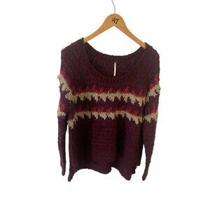 Free People Women's Striped Maroon Boho Chunky Knit Sweater - Small
